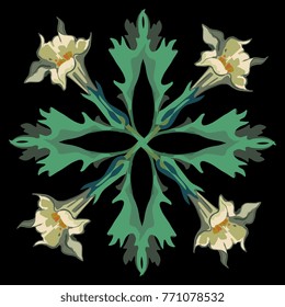 Isolated vector illustration. Square decor made of four Datura flowers. Datura Stramonium. Thorn apple. Symmetrical symbol, emblem, decorative element, texture, background.