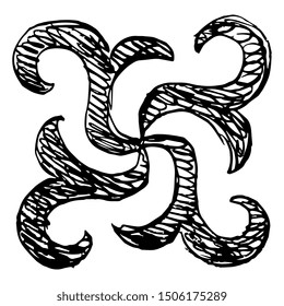Isolated vector illustration. Square ethnic decor. Spiral mandala or swastika. Nanai ethnic ornament. Black and white silhouette. Hand drawn doodle sketch.