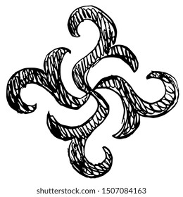 Isolated vector illustration. Square ethnic decor. Spiral mandala or swastika. Nanai ethnic ornament. Black and white silhouette. Hand drawn doodle sketch.