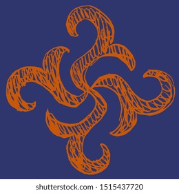 Isolated vector illustration. Square ethnic decor. Spiral mandala or swastika. Nanai ethnic ornament. Hand drawn doodle sketch.