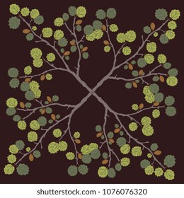 Isolated vector illustration. Square floral decor made of dwarf birch tree branches. Cartoon style.