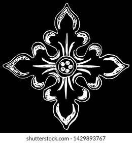 Isolated vector illustration. Square floral decor, cross or mandala. Medieval motif. Hand drawn sketch. White silhouette on black background.