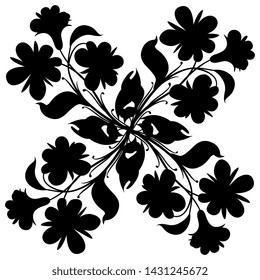 Isolated vector illustration. Square floral decor with four flower branches. Folk style. Black silhouette on white background.