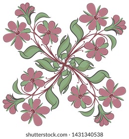 Isolated vector illustration. Square floral decor with four flower branches. Folk style.