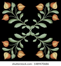 Isolated vector illustration. Square floral decor with four floral branches. Folk style.