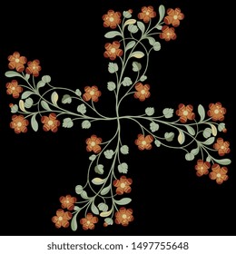 Isolated vector illustration. Square floral decor or mandala. Cross made of four flower branches. Folk style. On black background.
