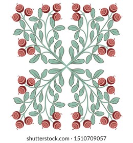 Isolated vector illustration. Square floral decor. Stylized branches with leaves and red berries. Folk style.