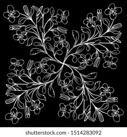 Isolated vector illustration. Square floral decor with blooming branches. Hand drawn linear sketch. White silhouette on black background.