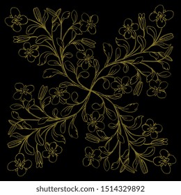Isolated vector illustration. Square floral decor with blooming branches. Hand drawn linear sketch. Gold silhouette on black background.