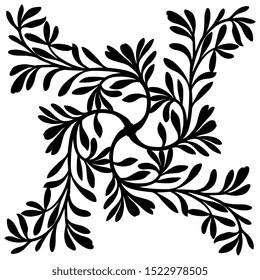 Isolated vector illustration. Square floral decor or mandala with stylized leaf branches. Black silhouette on white background.