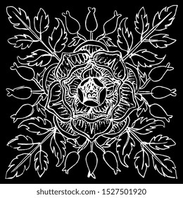 Isolated vector illustration. Square floral decor. Wild rose mandala. Vintage style. White silhouette on black background. Hand drawn sketch.
