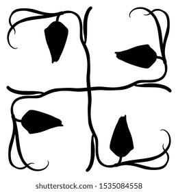 Isolated vector illustration. Square floral decor with branches
of fritillaria flowers. Black silhouette on white background.
