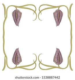 Isolated vector illustration. Square floral frame with branches of fritillaria flowers.