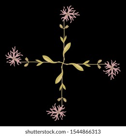 Isolated vector illustration. Square floral decor. Cross made of four branches of Ragged Robin flower. (Lychnis flos-cuculi). On black background.