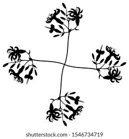 Isolated vector illustration. Square floral decor. Cross with four branches of white campion flowers. Silene latifolia. Black silhouette on white background.