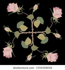 Isolated vector illustration. Square floral decor with branches of roses. On black background.
