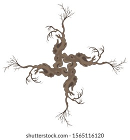 Isolated vector illustration. Square floral decor or mandala. Cross made of four bare tree trunks or branches.