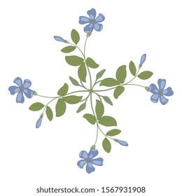 Isolated vector illustration. Square floral decor. Cross made of periwinkle flower branches. Folk vintage style.