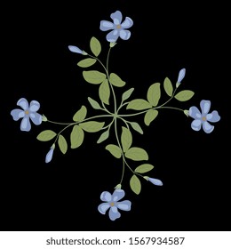 Isolated vector illustration. Square floral decor. Cross made of periwinkle flower branches. Folk vintage style. On black background.