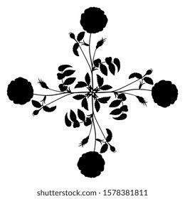 Isolated vector illustration. Square floral decor. Cross made of four branches of wild rose. Black silhouette on white background.