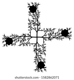 Isolated vector illustration. Square floral decor. Cross made of four branches of Adonis flower. Black silhouette on white background.