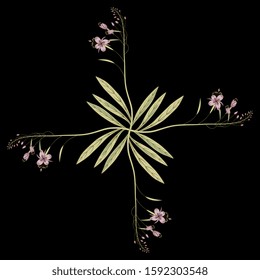 Isolated vector illustration. Square floral decor. Cross made of four branches of wild pink flower. Fireweed or Blooming Sally. Ivan Chai.