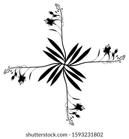 Isolated vector illustration. Square floral decor. Cross made of four branches of wild pink flower. Fireweed or Blooming Sally. Ivan Chai. Black silhouette on white background.