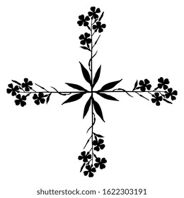 Isolated vector illustration. Square floral decor. Cross made of four branches of Hesperis Alba flower. Dame's Rocket. Sweet Rocket. Black silhouette on white background.