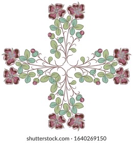 Isolated vector illustration. Square floral decor. Cross made of stylized flower branches. Folk style.