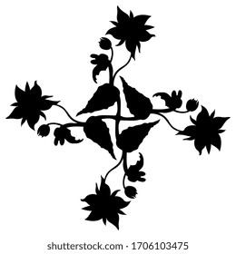 Ilustración vectorial aislada. Decoración floral cuadrada o mandala. Cruza con ramas de flores bordadas. Oficiales de Borago. Planta de estribor. Silueta negra sobre fondo blanco.