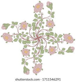 Isolated vector illustration. Square floral decor. Decorative cross mandala with stylized rose branches. Folk style.
