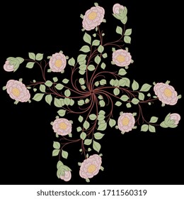  Einzige Vektorgrafik. Die quadratische Blumendekoration. Dekorative Kreuzung Mandala mit stilisierten Rosenästen. Folk-Stil.