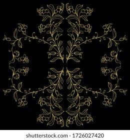 Isolated vector illustration. Square floral decor with elegant vines. Vintage style. Hand drawn linear sketch. Gold silhouette on black background.