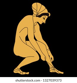 Isolated vector illustration. Squatting ancient Greek girl tying her sandal. Vase painting motif. Cartoon style. On black background.