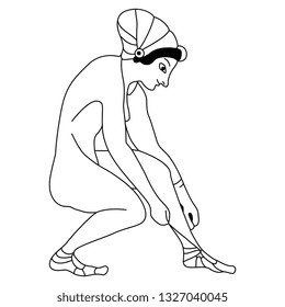Isolated vector illustration. Squatting ancient Greek girl tying her sandal. Black and white linear silhouette.