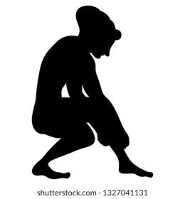 Isolated vector illustration. Squatting ancient Greek girl tying her sandal. Black silhouette on white background.