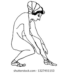 Isolated vector illustration. Squatting ancient Greek girl tying her sandal. Hand drawn linear sketch. Black silhouette on white background.