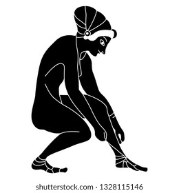 Isolated vector illustration. Squatting ancient Greek girl tying her sandal. Black and white linear silhouette. Cartoon style.