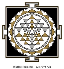 Isolated vector illustration. Sri Yantra. Hindu sacred diagram for meditation. Unity of opposites. Black and white geometric silhouette with gold and silver.