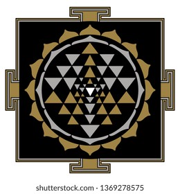 Isolated vector illustration. Sri Yantra. Hindu sacred diagram for meditation. Unity of opposites. Black and white geometric silhouette with gold and silver.