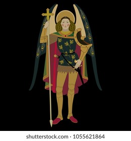 Isolated vector illustration of St. Archangel Michael. Based on ancient painting. On black background.