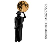 Isolated vector illustration. Standing ancient Greek woman or goddess holding full moon. Selene or Nyx. Muse Urania.