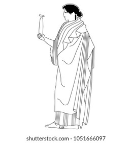Isolated vector illustration of a standing ancient Greek woman holding a vessel. Black and white linear silhouette.