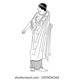 Isolated vector illustration of a standing ancient Greek woman. Black and white linear silhouette.
