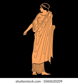 Isolated vector illustration of a standing ancient Greek woman. On black background.