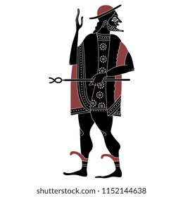 Isolated vector illustration. Standing ancient Greek god Hermes. Based on antique vase painting motif.