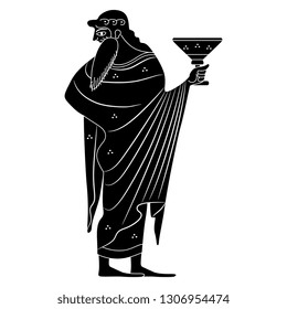 Isolated vector illustration. Standing ancient Greek god Dionysus holding a cup of wine. Black and white silhouette.