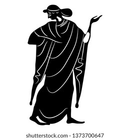 Isolated vector illustration. Standing ancient Greek woman in a long dress. Black and white silhouette.