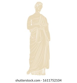 Isolated vector illustration. Standing ancient Greek lady in long dress. Goddess Aphrodite or Venus. Antique female sculpture. Tanagra statuette. Monochrome silhouette.