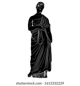 Isolated vector illustration. Standing ancient Greek lady in long dress. Goddess Aphrodite or Venus. Antique female sculpture. Tanagra statuette. Black and white silhouette.
